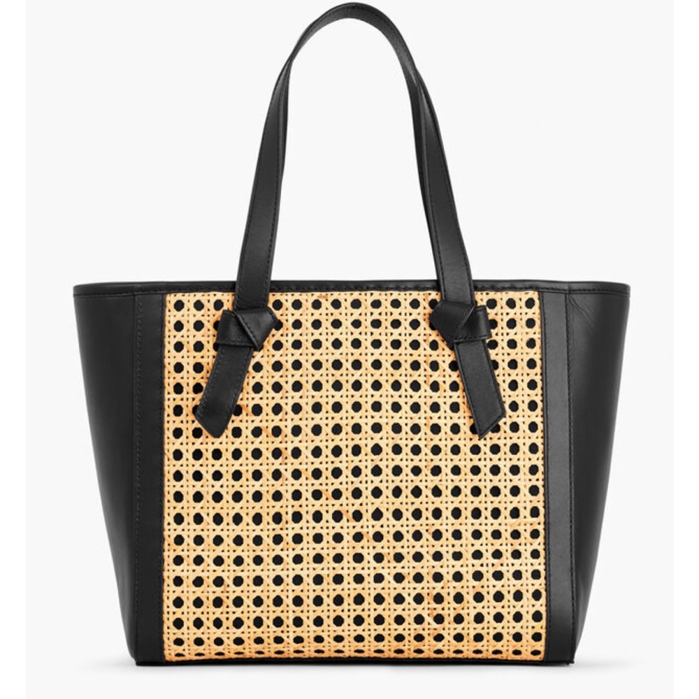 TALBOTS CANING WOVEN TOTE RATTAN LEATHER BLACK GRANNYCORE BOHO BAG